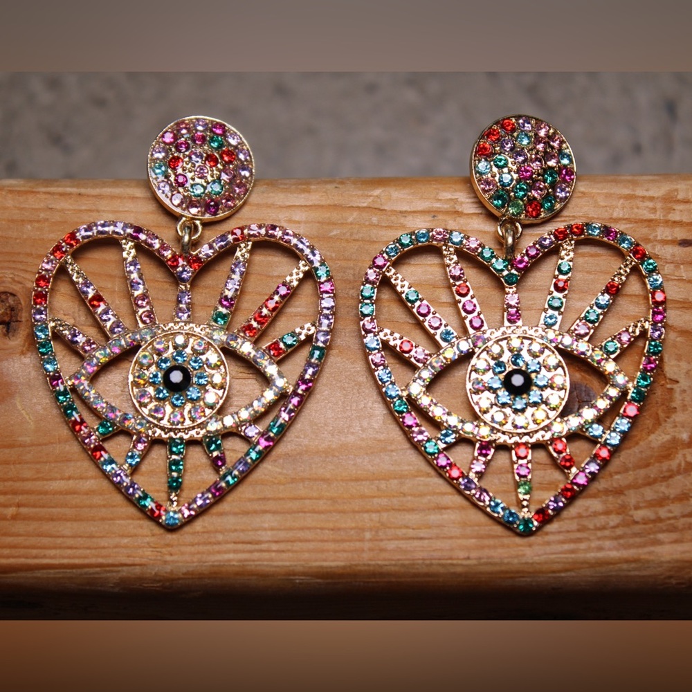 53J. Evil Eye Multi Rhinestone Heart Earrings